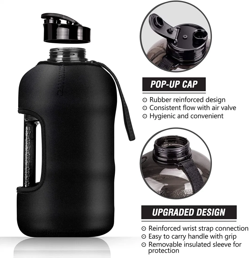 BPA Free 2.2L 3.78L Half Gallon Big Sports Gym Water Bottle Jug with Sleeve with Straw &amp; Time Marker