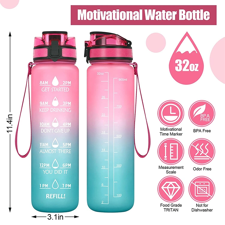Leakproof Tritan BPA Free 1L Fitness Outdoor Sports Water Jug with Time Marker Large Plastic Motivational Water Bottle