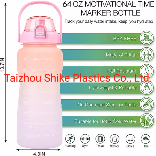Leakproof Tritan BPA Free 2L Fitness Outdoor Sports Water Jug with Time Marker Large Plastic Motivational Water Bottle