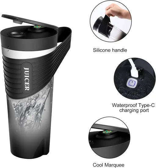 Portable 460ml Blender USB Rechargeable Portable Juicer Blender Electric Protein Shaker Bottle with Silicone Handle Design 