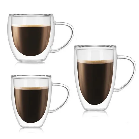 250ml Hot Sale Double Wall Insulated Clear Borosilicate Glass Coffee Mug with Handle 