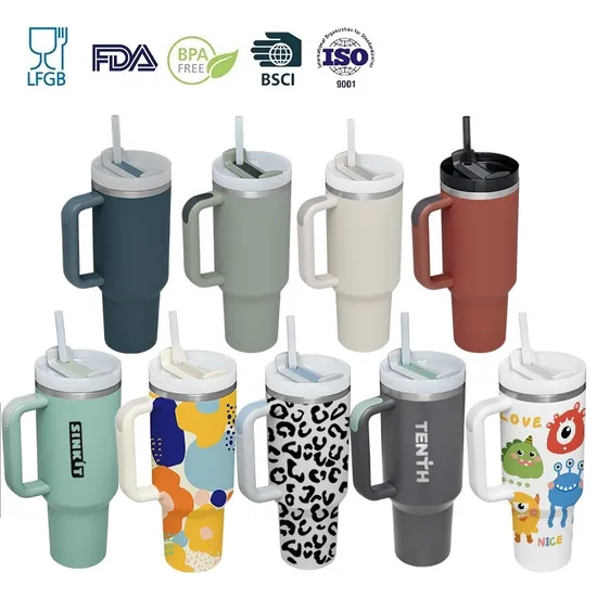 40oz Tumbler Heat Insulated Stainless Steel Cup Double Wall Vacuum Flask Thermo Vehicle Sports Coffee Tea Mug Water Bottle with Handle Lid Straw 